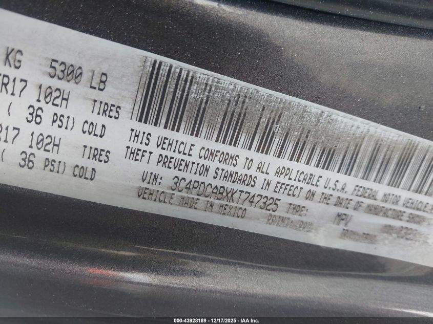 2019 Dodge Journey Se Value Package VIN: 3C4PDCABXKT747325 Lot: 43928189