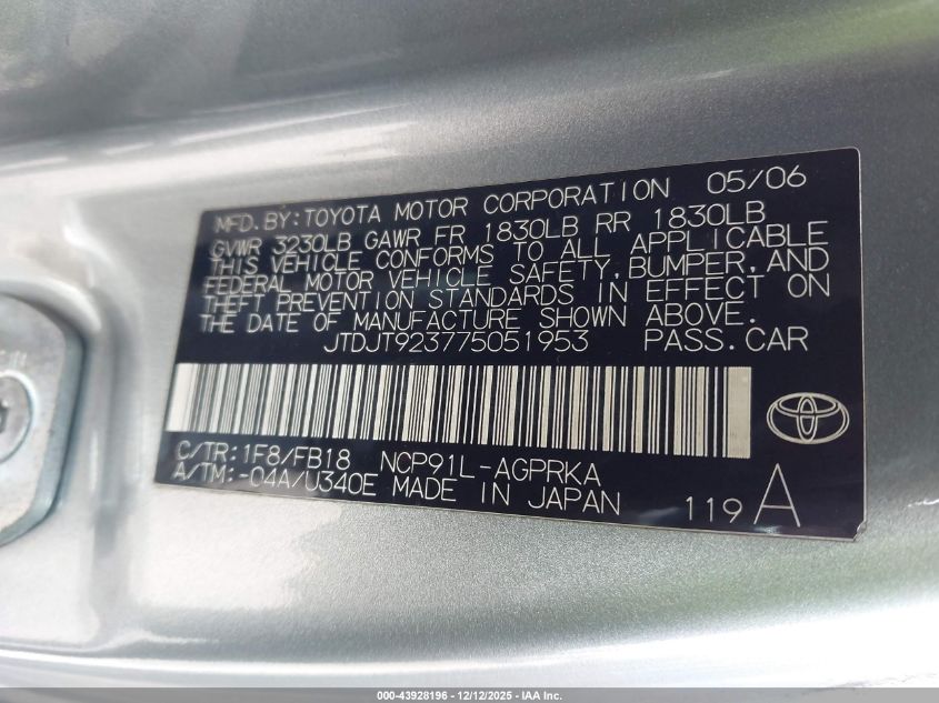 2007 Toyota Yaris VIN: JTDJT923775051953 Lot: 43928196