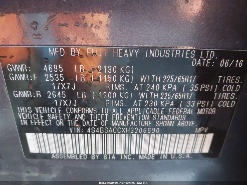 2017 Subaru Outback 2.5I Premium VIN: 4S4BSACCXH3206690 Lot: 43928199