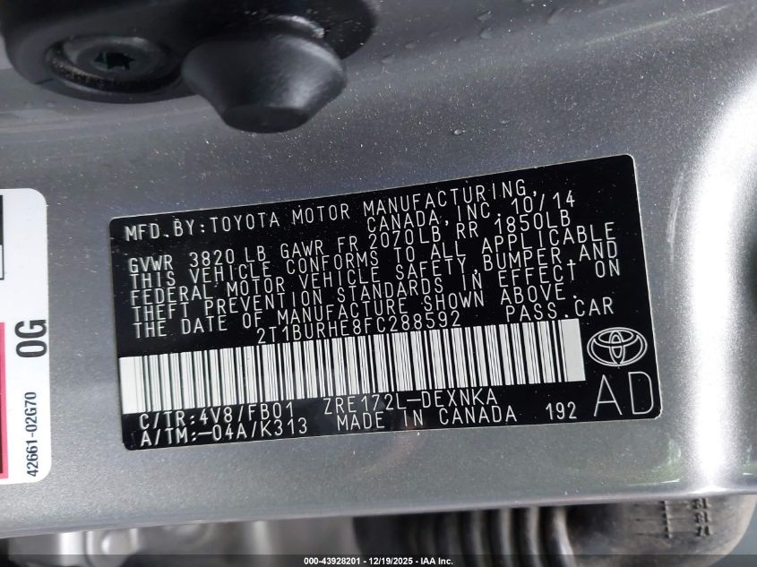 2015 Toyota Corolla Le VIN: 2T1BURHE8FC288592 Lot: 43928201