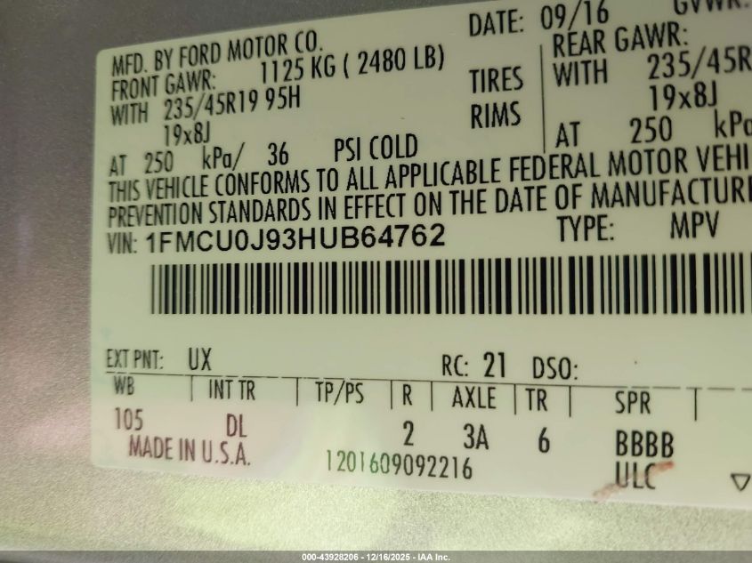 2017 Ford Escape Titanium VIN: 1FMCU0J93HUB64762 Lot: 43928206