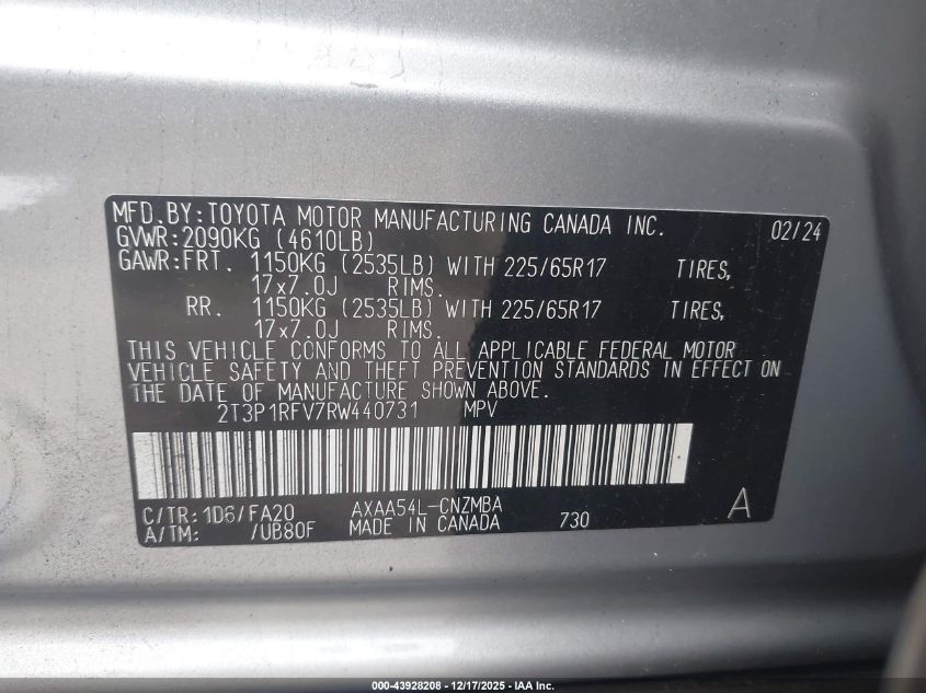 2024 Toyota Rav4 Xle VIN: 2T3P1RFV7RW440731 Lot: 43928208