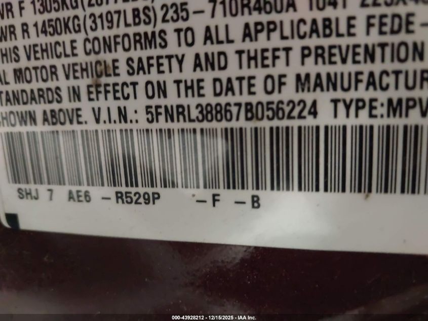 2007 Honda Odyssey Touring VIN: 5FNRL38867B056224 Lot: 43928212