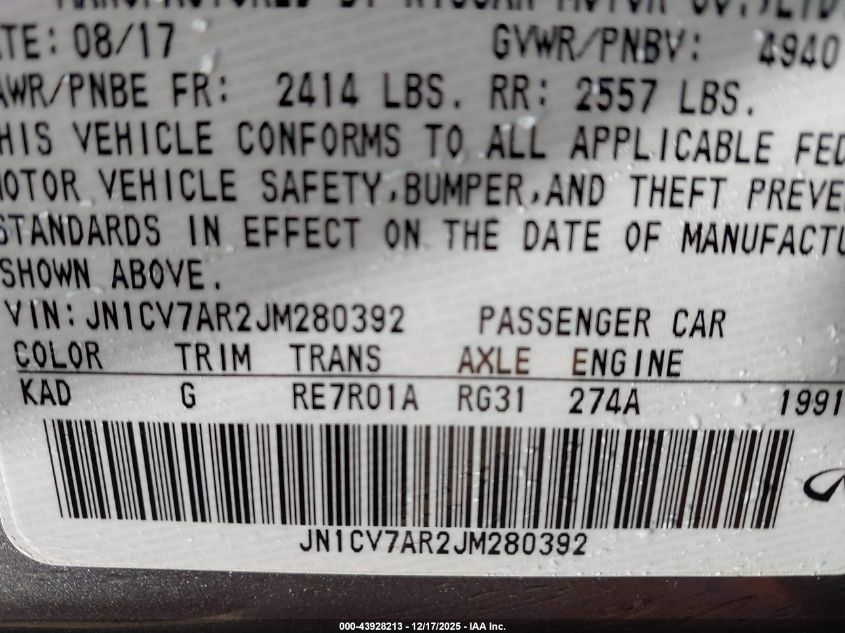 2018 Infiniti Q50 2.0T Luxe VIN: JN1CV7AR2JM280392 Lot: 43928213