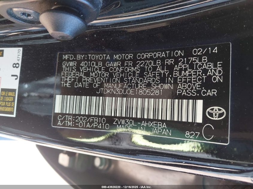 2014 Toyota Prius Three VIN: JTDKN3DU0E1805281 Lot: 43928220