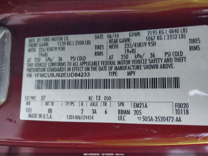 2014 Ford Escape Titanium VIN: 1FMCU9J92EUD84233 Lot: 43928236