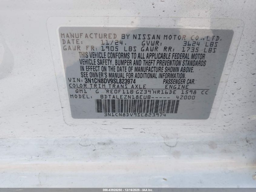 2025 Nissan Versa 1.6 S VIN: 3N1CN8DV9SL823974 Lot: 43928250