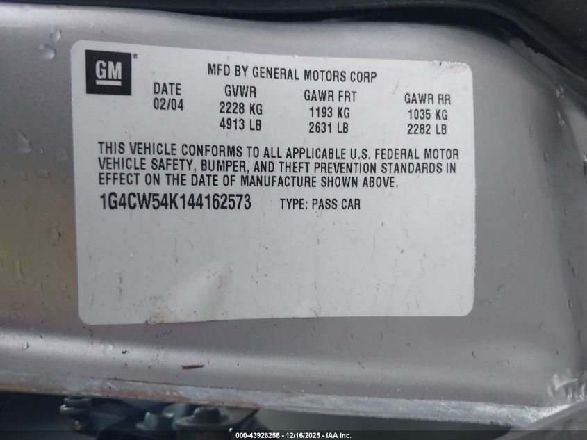 2004 Buick Park Avenue VIN: 1G4CW54K144162573 Lot: 43928256