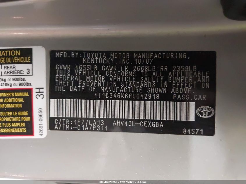 2008 Toyota Camry Hybrid VIN: 4T1BB46K68U042918 Lot: 43928259