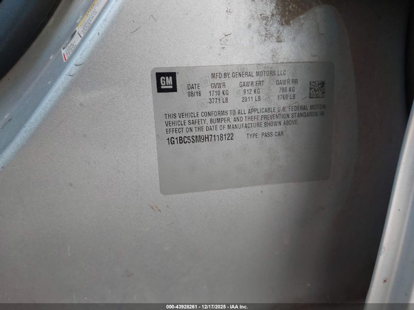 2017 Chevrolet Cruze Ls Auto VIN: 1G1BC5SM9H7118122 Lot: 43928261
