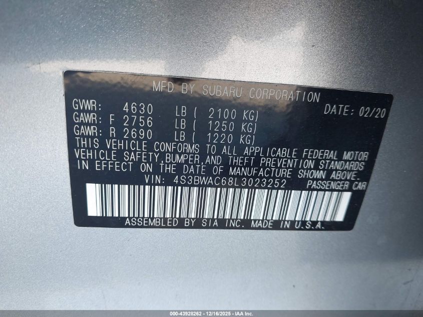 2020 Subaru Legacy Premium VIN: 4S3BWAC68L3023252 Lot: 43928262