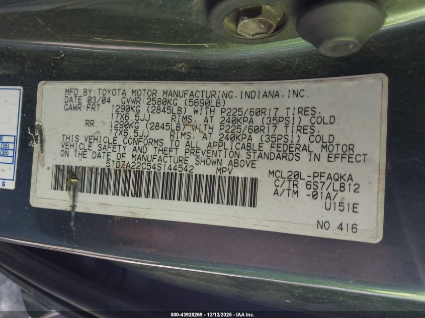 2004 Toyota Sienna Xle Limited VIN: 5TDZA22C54S144542 Lot: 43928269