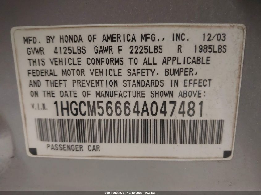 2004 Honda Accord 2.4 Ex VIN: 1HGCM56664A047481 Lot: 43928270