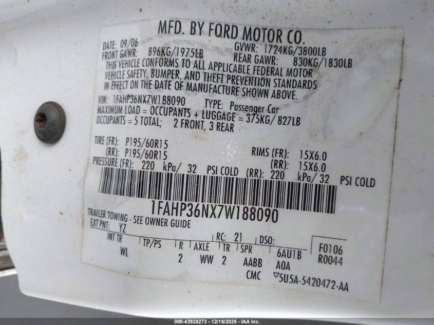 2007 Ford Focus Se/Ses VIN: 1FAHP36NX7W188090 Lot: 43928273