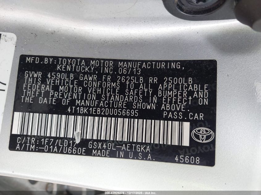 2013 Toyota Avalon Xle VIN: 4T1BK1EB2DU056695 Lot: 43928278