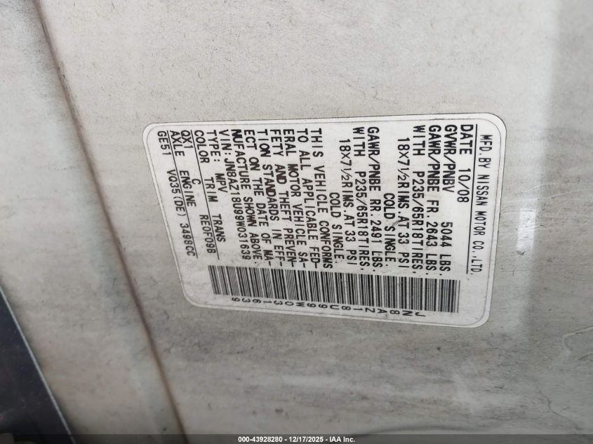 2009 Nissan Murano Sl VIN: JN8AZ18U99W031639 Lot: 43928280