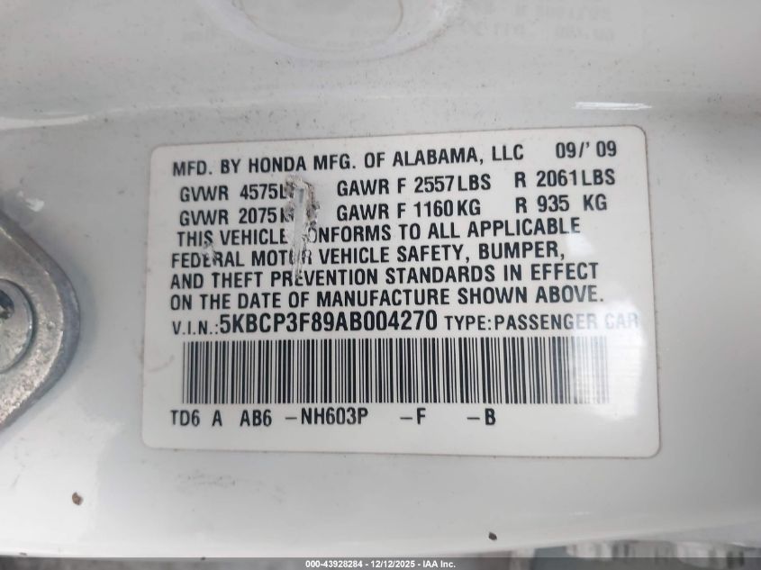 2010 Honda Accord 3.5 Ex-L VIN: 5KBCP3F89AB004270 Lot: 43928284