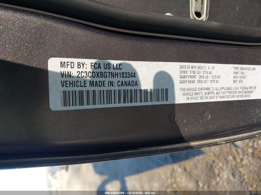 2022 Dodge Charger Sxt Rwd VIN: 2C3CDXBG7NH183344 Lot: 43928285