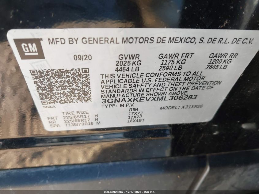 2021 Chevrolet Equinox Fwd Lt VIN: 3GNAXKEVXML306283 Lot: 43928287