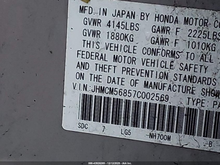 2007 Honda Accord 2.4 Ex VIN: JHMCM56857C002569 Lot: 43928289