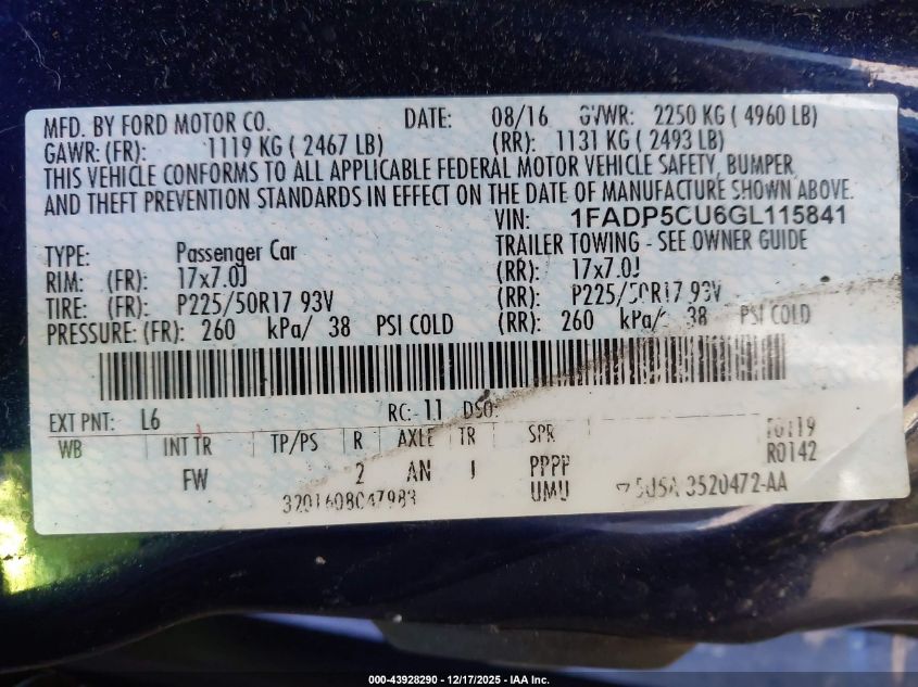 2016 Ford C-Max Energi Sel VIN: 1FADP5CU6GL115841 Lot: 43928290