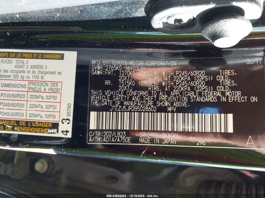 2011 Toyota 4Runner Limited V6 VIN: JTEZU5JR2B5028602 Lot: 43928292