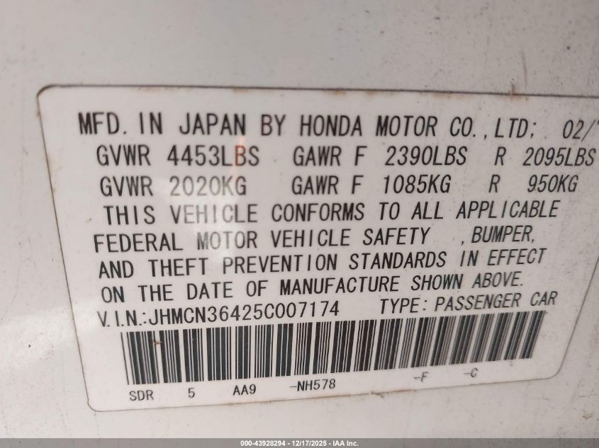 2005 Honda Accord Hybrid Ima VIN: JHMCN36425C007174 Lot: 43928294