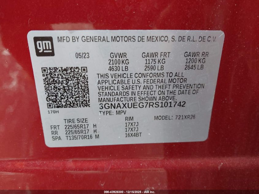 2024 Chevrolet Equinox Awd Lt VIN: 3GNAXUEG7RS101742 Lot: 43928300