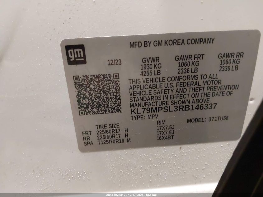 2024 Chevrolet Trailblazer Fwd Lt VIN: KL79MPSL3RB146337 Lot: 43928310