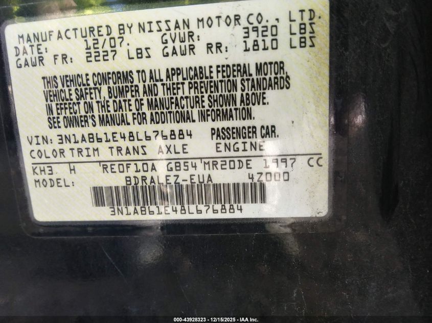 2008 Nissan Sentra 2.0S VIN: 3N1AB61E48L676884 Lot: 43928323