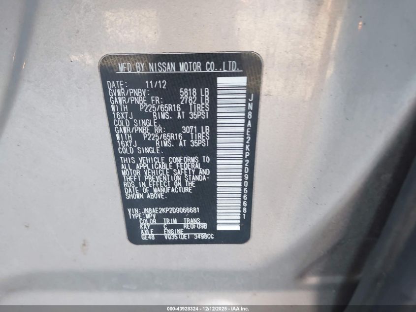 2013 Nissan Quest Sv VIN: JN8AE2KP2D9066681 Lot: 43928324