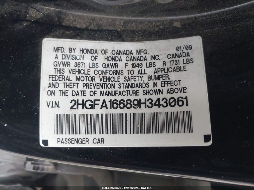 2009 Honda Civic Lx-S VIN: 2HGFA16689H343061 Lot: 43928326