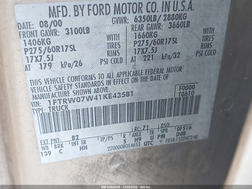 2001 Ford F-150 Harley-Davidson Edition/King Ranch Edition/Lariat/Xlt VIN: 1FTRW07W41KE43581 Lot: 43928328