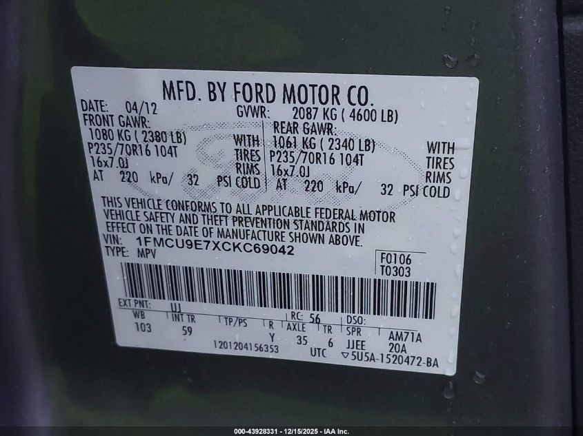 2012 Ford Escape Limited VIN: 1FMCU9E7XCKC69042 Lot: 43928331