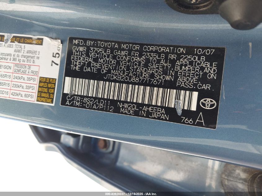 2008 Toyota Prius VIN: JTDKB20U887717671 Lot: 43928337