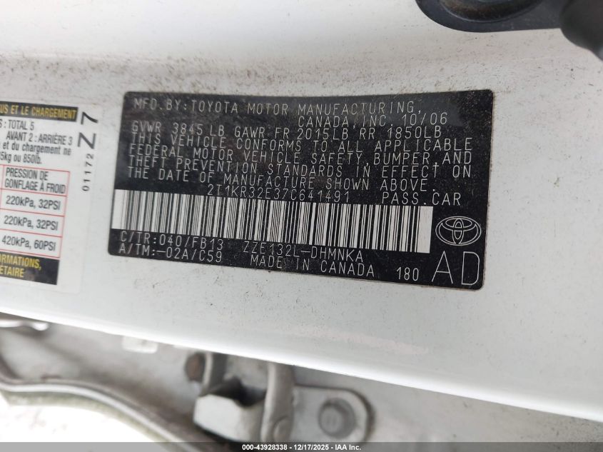 2007 Toyota Matrix Xr VIN: 2T1KR32E37C641491 Lot: 43928338