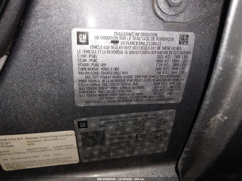 2020 GMC Sierra 1500 Elevation VIN: 1GTU9CED5LZ136631 Lot: 43928340