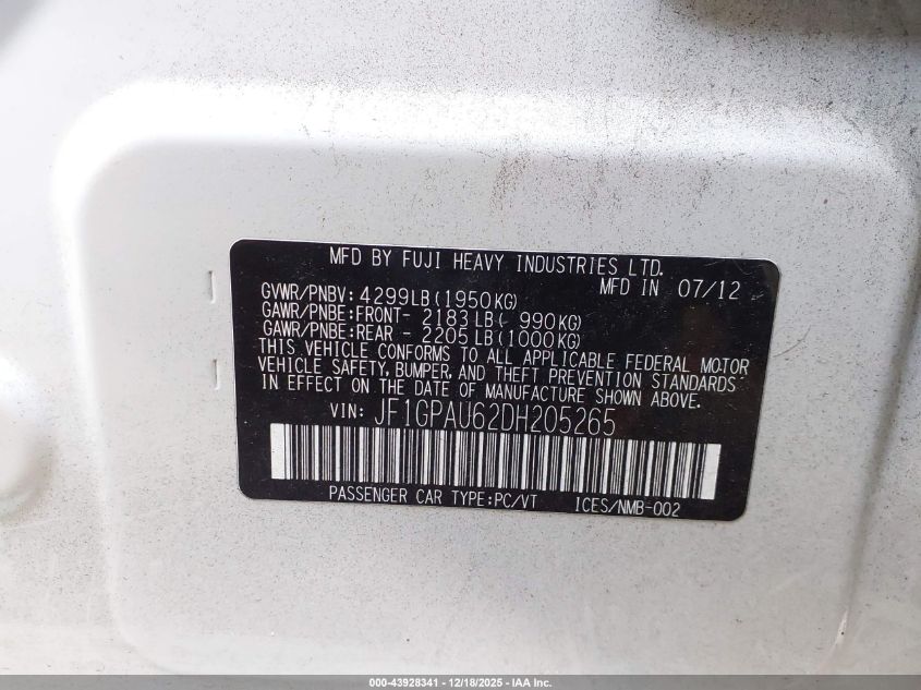 2013 Subaru Impreza 2.0I Sport Limited VIN: JF1GPAU62DH205265 Lot: 43928341