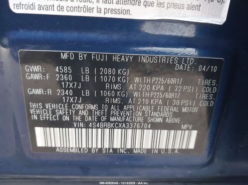 2010 Subaru Outback 2.5I Limited VIN: 4S4BRBKCXA3376704 Lot: 43928345