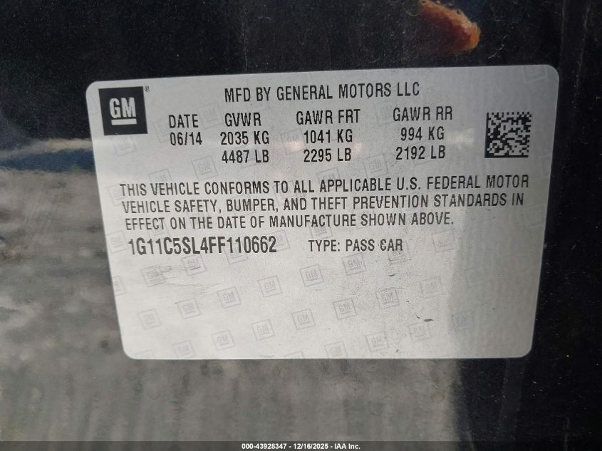 2015 Chevrolet Malibu 1Lt VIN: 1G11C5SL4FF110662 Lot: 43928347