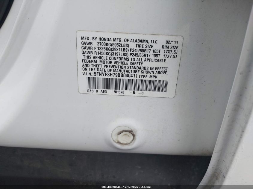 2011 Honda Pilot Ex-L VIN: 5FNYF3H79BB040411 Lot: 43928348