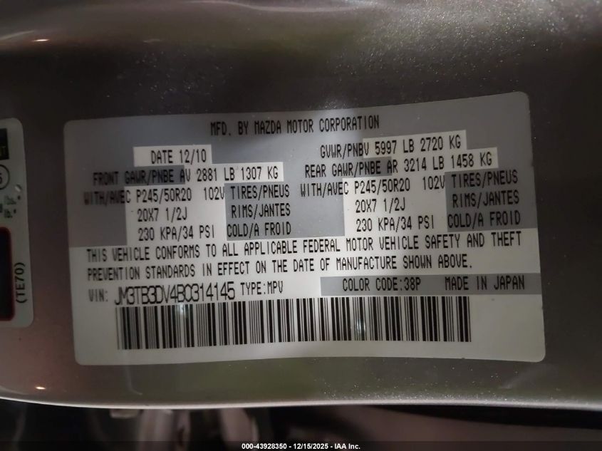 2011 Mazda Cx-9 Grand Touring VIN: JM3TB3DV4B0314145 Lot: 43928350