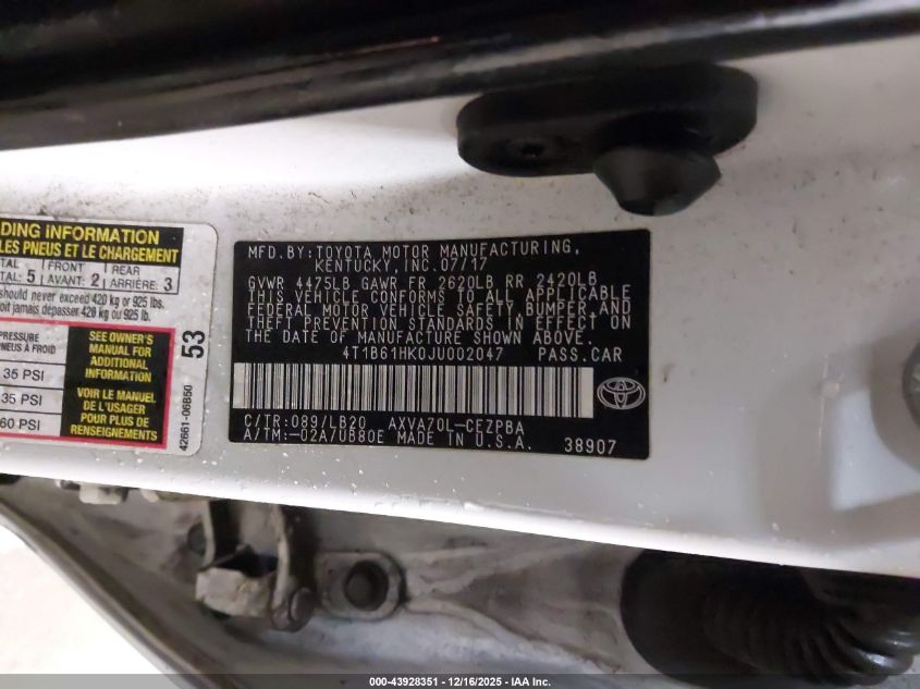 2018 Toyota Camry Xse VIN: 4T1B61HK0JU002047 Lot: 43928351