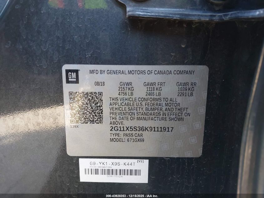 2019 Chevrolet Impala Ls VIN: 2G11X5S36K9111917 Lot: 43928353