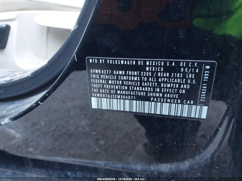 2014 Volkswagen Jetta 1.8T Se VIN: 3VWD07AJ3EM304071 Lot: 43928354