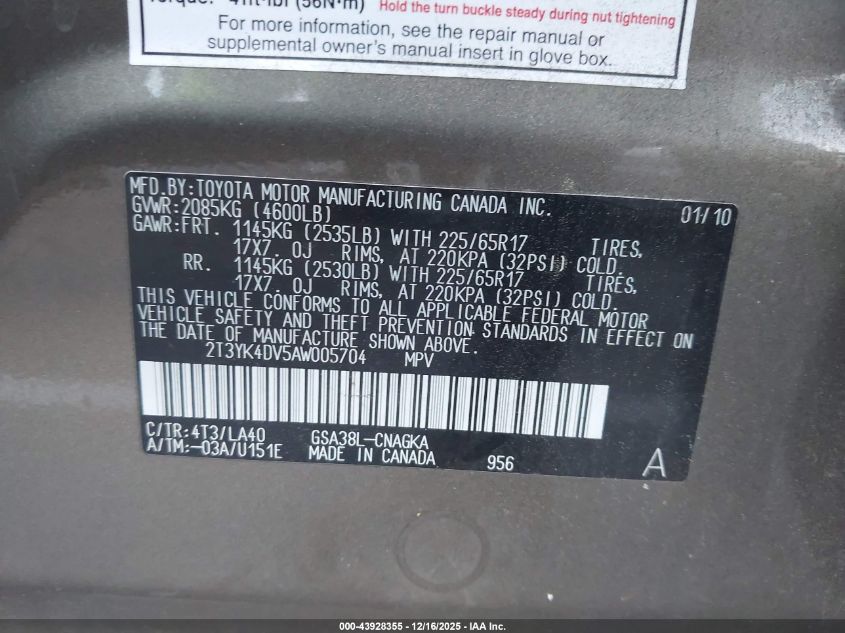 2010 Toyota Rav4 Limited V6 VIN: 2T3YK4DV5AW005704 Lot: 43928355