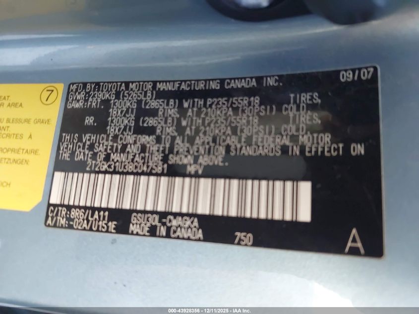 2008 Lexus Rx 350 VIN: 2T2GK31U38C047581 Lot: 43928356