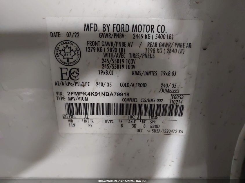 2022 Ford Edge Titanium VIN: 2FMPK4K91NBA79918 Lot: 43928359