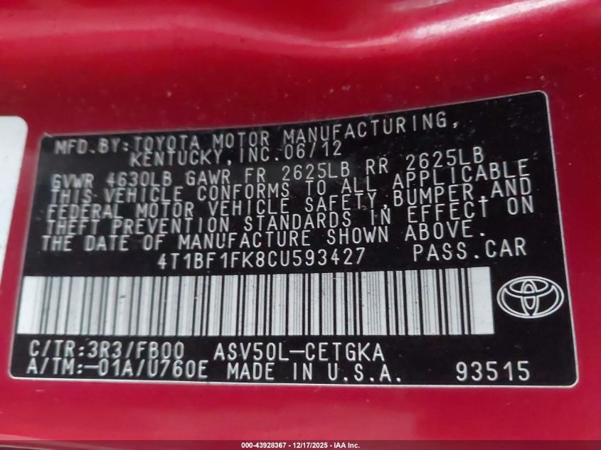 2012 Toyota Camry Xle VIN: 4T1BF1FK8CU593427 Lot: 43928367