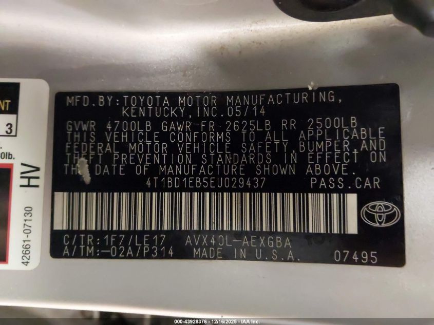 2014 Toyota Avalon Hybrid Xle Touring VIN: 4T1BD1EB5EU029437 Lot: 43928376